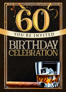 60th Cigar And Whiskey Birthday Party Invitation Template Design