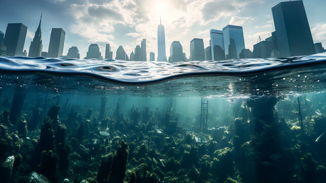 Generative AI illustration of from below seawater with plants and exterior of skyscrapers buildings of NYC in deluge during global warming in sunny cloudy sky