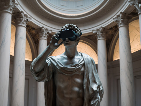 Generative AI illustration of gray statue with VR and standing in background of concrete walls