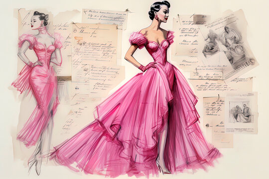 Generative AI illustration painting of woman pink dress designer vintage abstract of standing in a studio