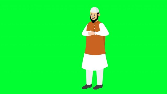 Digital animation of a cartoon Muslim male praying ruku sajdah on a green screen background