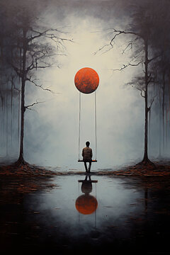 Generative Ai illustration back view of unrecognizable thoughtful man sitting in swing attached to balloon moon alone in creepy foggy lake with leafless tress with cloudy sky