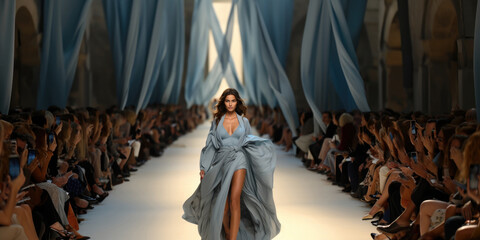 model woman in coat walking in catwalk fashion show