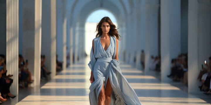 model woman in coat walking in catwalk fashion show