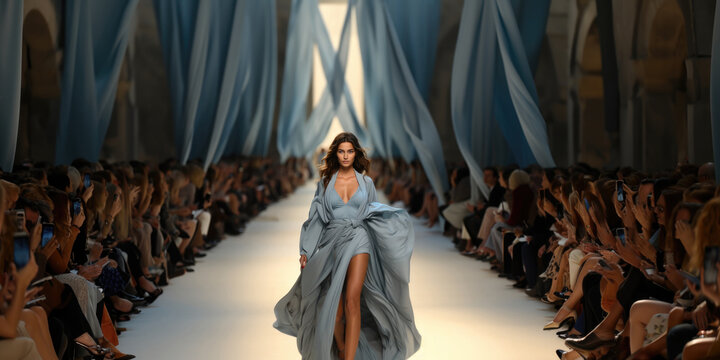 model woman in coat walking in catwalk fashion show