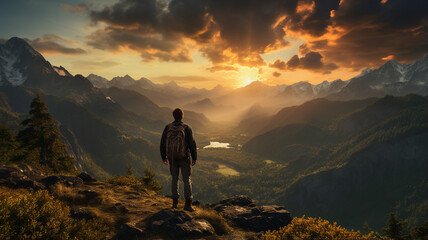 Obraz premium man in the mountains at sunset, travel and adventure, freedom, freedom