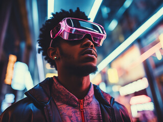 Young black man with virtual reality headset on night city street with neon lights.