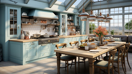Fototapeta na wymiar modern kitchen in a beautiful classic interior design with a wooden window.