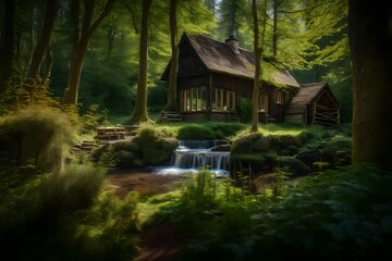 A tranquil view from the windows of a rustic cottage, capturing the serene beauty of a woodland glade and a crystal-clear stream