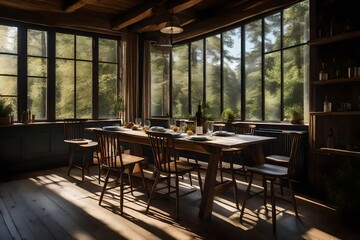 A cottage's sunlit dining area, with a large window that captures the beauty of the surrounding woodland