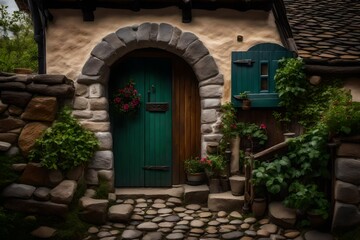The welcoming entrance of a cottage, with a cobblestone path and a handcrafted wooden door