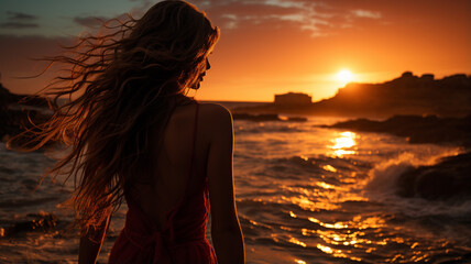 Fototapeta premium woman in red dress at sunset