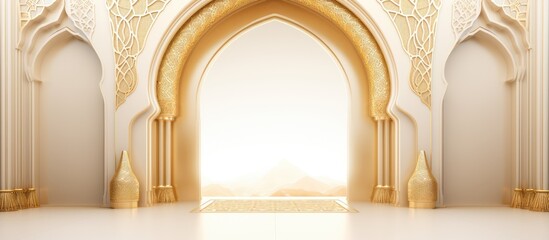 Luxurious colorful background with elegant Islamic arch in white and gold colors - obrazy, fototapety, plakaty