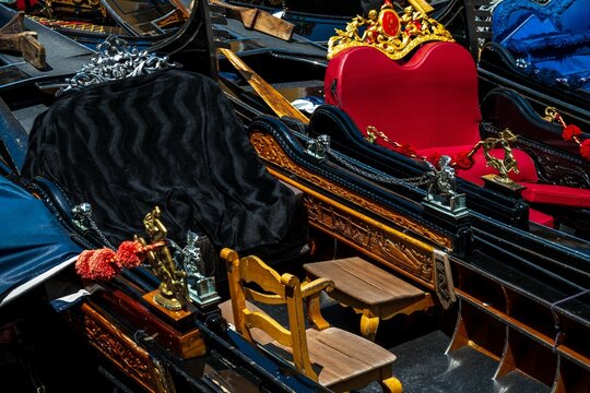 Colorful close up of gondola seats in Venice, Italy.