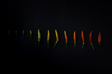 chilli peppers on black background. Top view. Hot pepper flat lay. Chili wallpaper