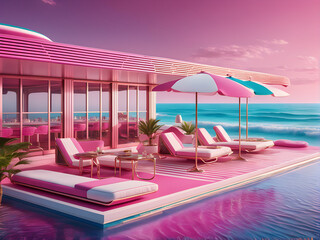 Retro Barbie style beach club focusing on bright pink colors in the charm of the 60s. - obrazy, fototapety, plakaty