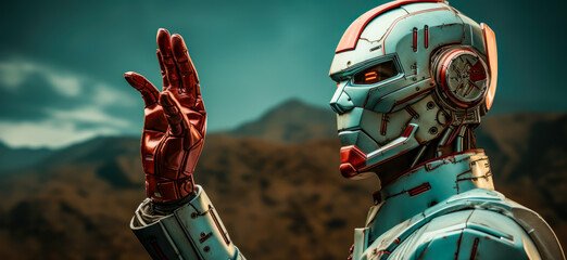 Fototapeta premium close-up of a robot cyborg with a human face, hand raised,