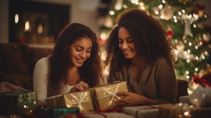 Woman Opening Christmas Gift Box with a Surprised Expression.