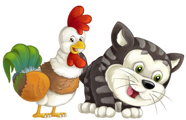 cartoon happyt farm or city domestic cat and rooster having fun isolated illustration for children