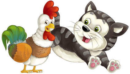 cartoon happyt farm or city domestic cat and rooster having fun isolated illustration for children