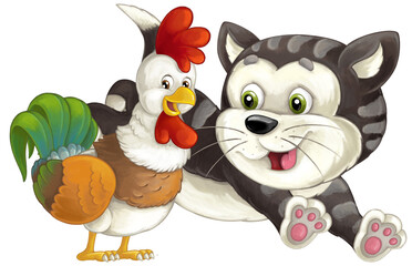 cartoon happyt farm or city domestic cat and rooster having fun isolated illustration for children