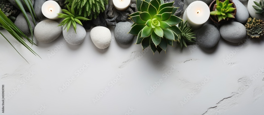 Wall mural Various green plants and succulents arranged with white stones and candles potted on a concrete background Styled centerpiece for home gardening and cactus lovers