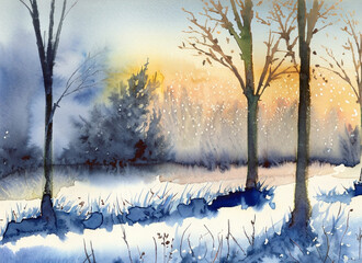 winter landscape with trees and snow in watercolor technique