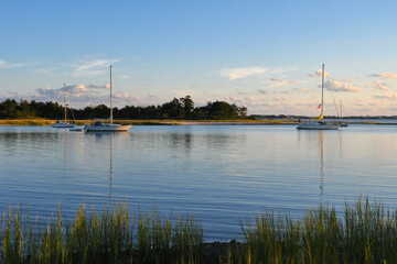 Sailboats anchored in a placid harbor in the evening