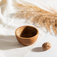 handmade rustic wooden craft on the white table with natural style