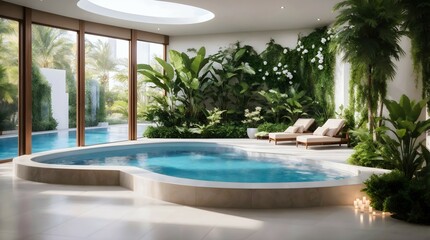 Modern luxury interior living room design with swimming pool, architectural background, banner with copy space text 