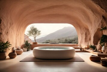 Modern interior design concept , architecture in nature, luxury home with swimming pool built in cave  - obrazy, fototapety, plakaty