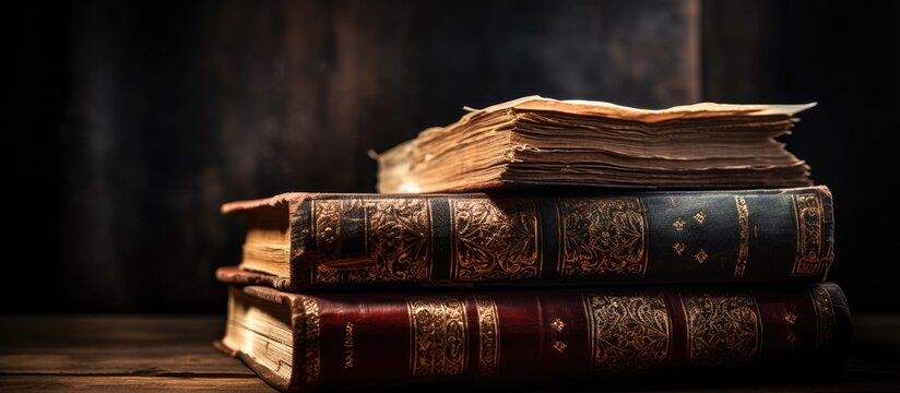 Old Jewish books with worn leather binding and a blurred open Torah in the dark background Closeup view with selective focus