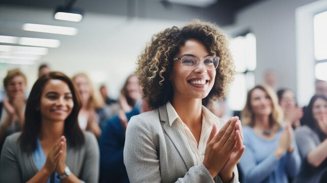 Successful Businesswoman Leading a Motivated Team in an Office Seminar.