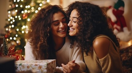 During the Christmas festival, the adult woman with curly hair eagerly opened the beautifully wrapped present under the festive Christmas tree while her friend watched with anticipation.