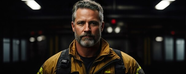 Portrait of male firefighter in yellow firefighter unifrom. Generative AI.