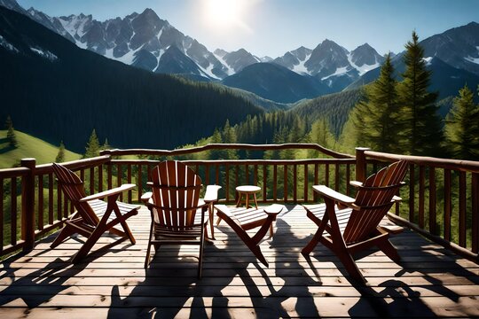 A cabin's private balcony, furnished with Adirondack chairs and overlooking a pristine mountain valley