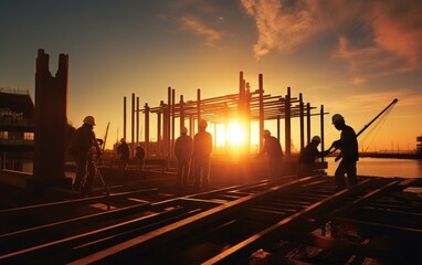Silhouette of construction workers against a radiant sunrise. Generative AI