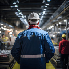 view from Behind on a Occupational Health and Safety worker in Personal protective equipment Looking at the production hall and his coworkers