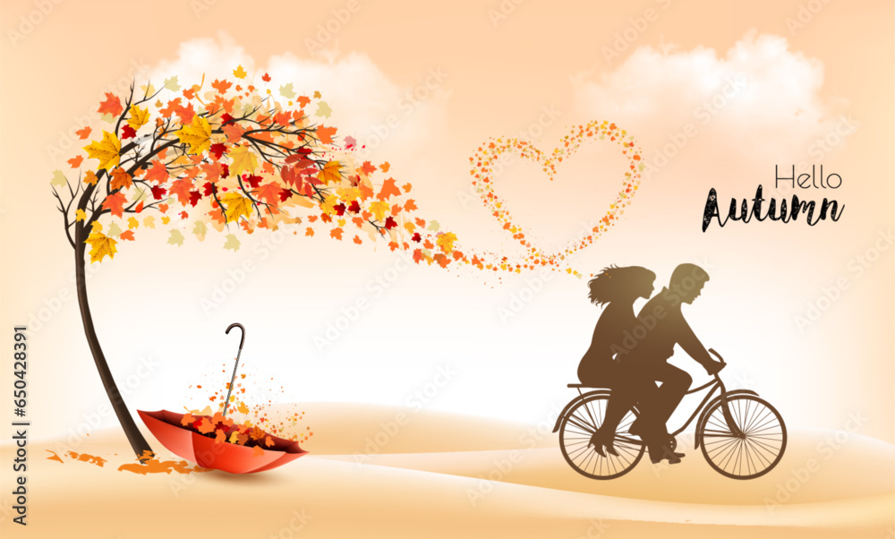 Aufkleber Autumn natural background with tree and flying colorful leaves gathered in the shape of a heart and silhouette. Vector.