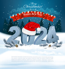 Holiday Christmas background with Santa Hat and a 2024 blue bold numbers. Vector - 650428393