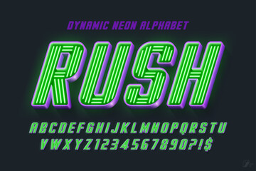 Fototapeta na wymiar Dynamic neon light 3d alphabet, racing style original type.
