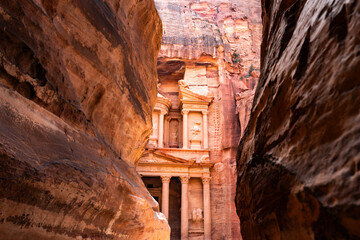 Spectacular view of Al Khazneh (The Treasury), ancient city of Petra, Jordan