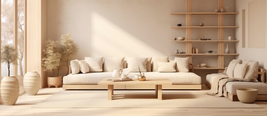Cozy interior in warm beige tones with a Japandi concept for a modern living room