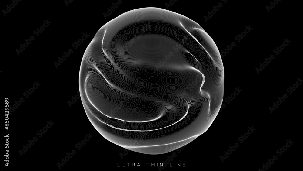 Poster ultra thin line fluid geometry. dynamic vector distorted spheres.