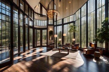modern interior,  In a modern styled entryway, sunlight pours in through floor-to-ceiling windows, casting dramatic shadows that accentuate the room's elegant design. - obrazy, fototapety, plakaty