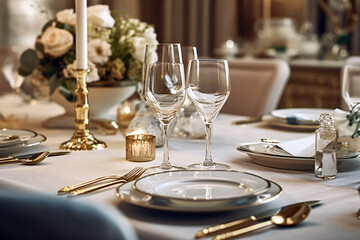 Elegant table setting with candles in restaurant. Selective focus. Romantic dinner setting with candles on table in restaurant.
