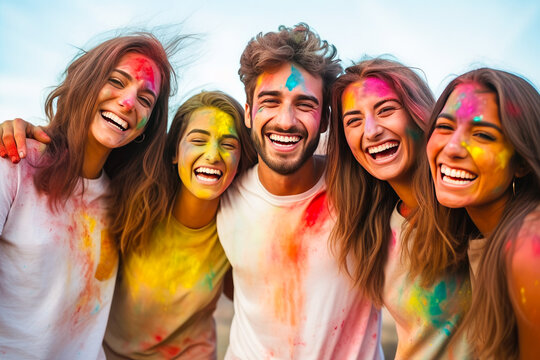 A group of friends celebrating Holi party