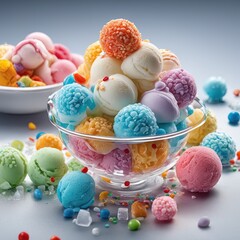 colored candies in a glass bowl colored candies in a glass bowl colorful ice cream in glass bowl on gray background