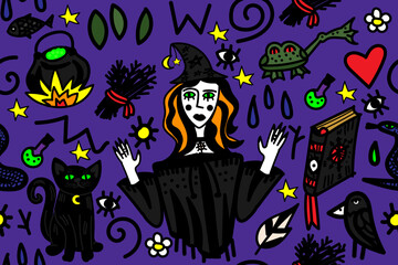 Fototapeta na wymiar Witch and witchcraft, mystery, magic. Black cat, frog, raven, spell book, potion, pot, herbs, sticks, signs. Creepy, scary, spooky Halloween. Seamless veor pattern. 