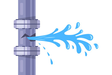 pipe burst. water flows from the hole. flat vector illustration. - obrazy, fototapety, plakaty